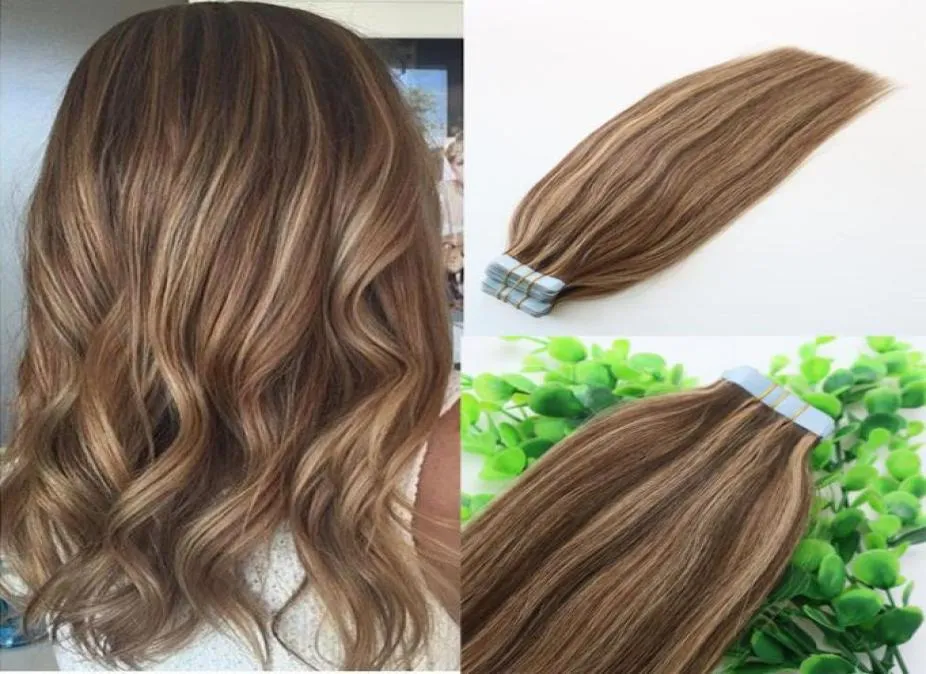 4 27Seamless Tape In Human Hair Extensions Ombre PU Tape Hair 100g 40pcs set 14 to 24 inch Ombre Hair Piano Colored Hairstyle2795389
