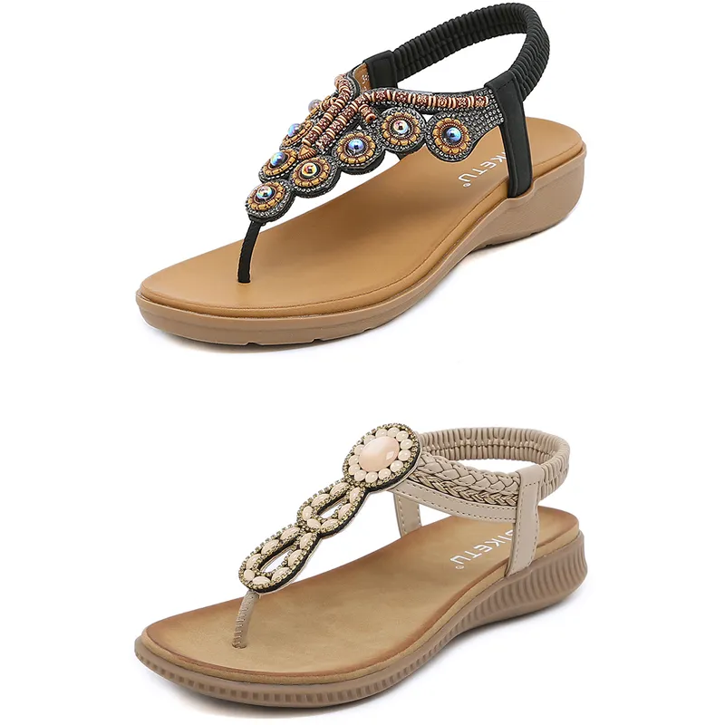 2024 Bohemian Sandals Femmes Pantoufles Céner Gladiator Sandale Femas Elastic Beach Shoes String Perle Color17 Gai