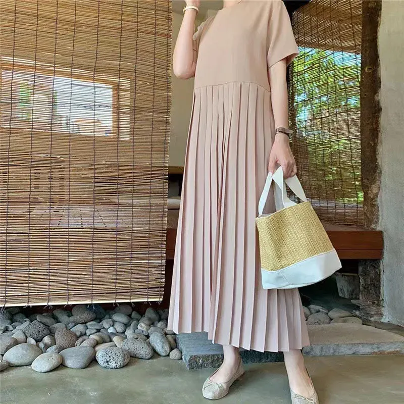 Dress Ladies Loose Ruffle Dress Long Straight Retro Chiffon Pleated Ladies Long Dress Korean Style Simple Summer Luxury Robe 2023