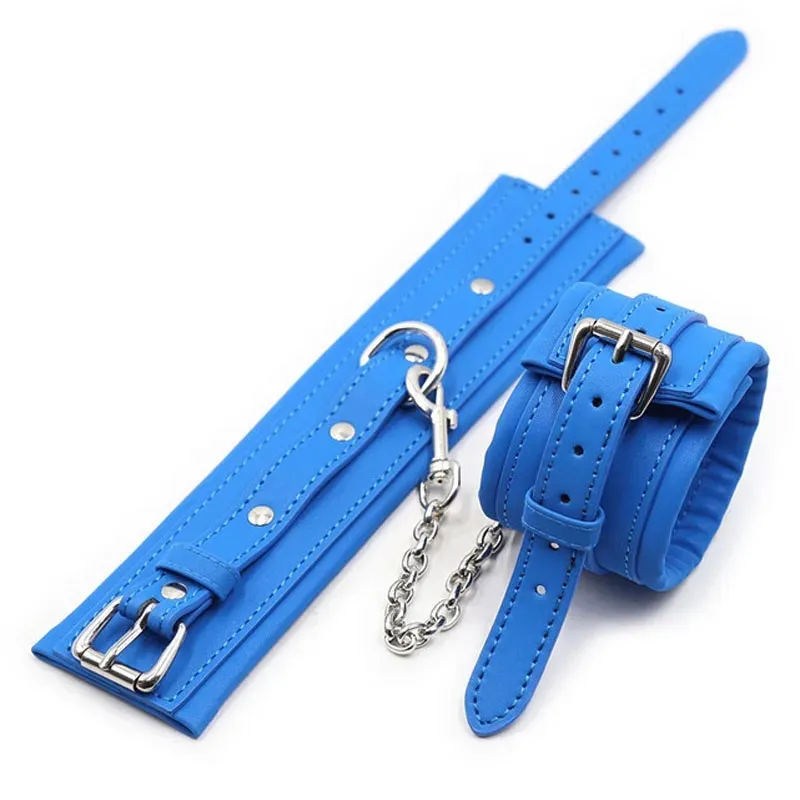 Blauw Lederen Bdsm Bondage Handboeien Voor Sex Volwassen Spelletjes Erotische Slave Fetish Terughoudendheid Handboeien Speeltjes Voor Koppels gereedschap