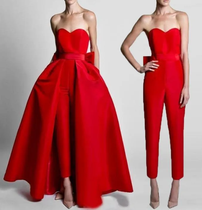 2019 Fashion Red Belesuits Sweetheart Length Bow Sash Evening Dresses مع تنورة قابلة للانفصال GOWNS GOWN5384326