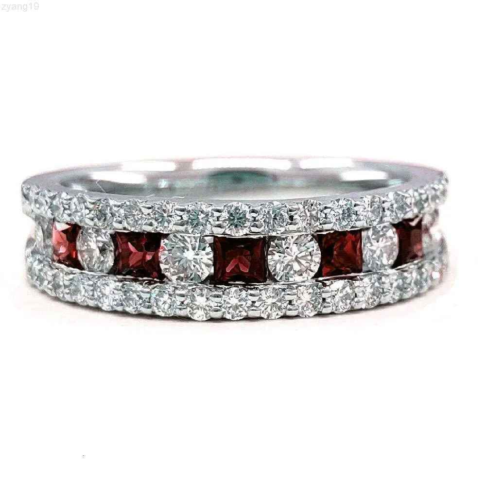 Customized High Quality 18k Solid White Gold Real Diamond Jewels Gemstone Ruby Square Cut Eternity Wedding Band Rings for Women