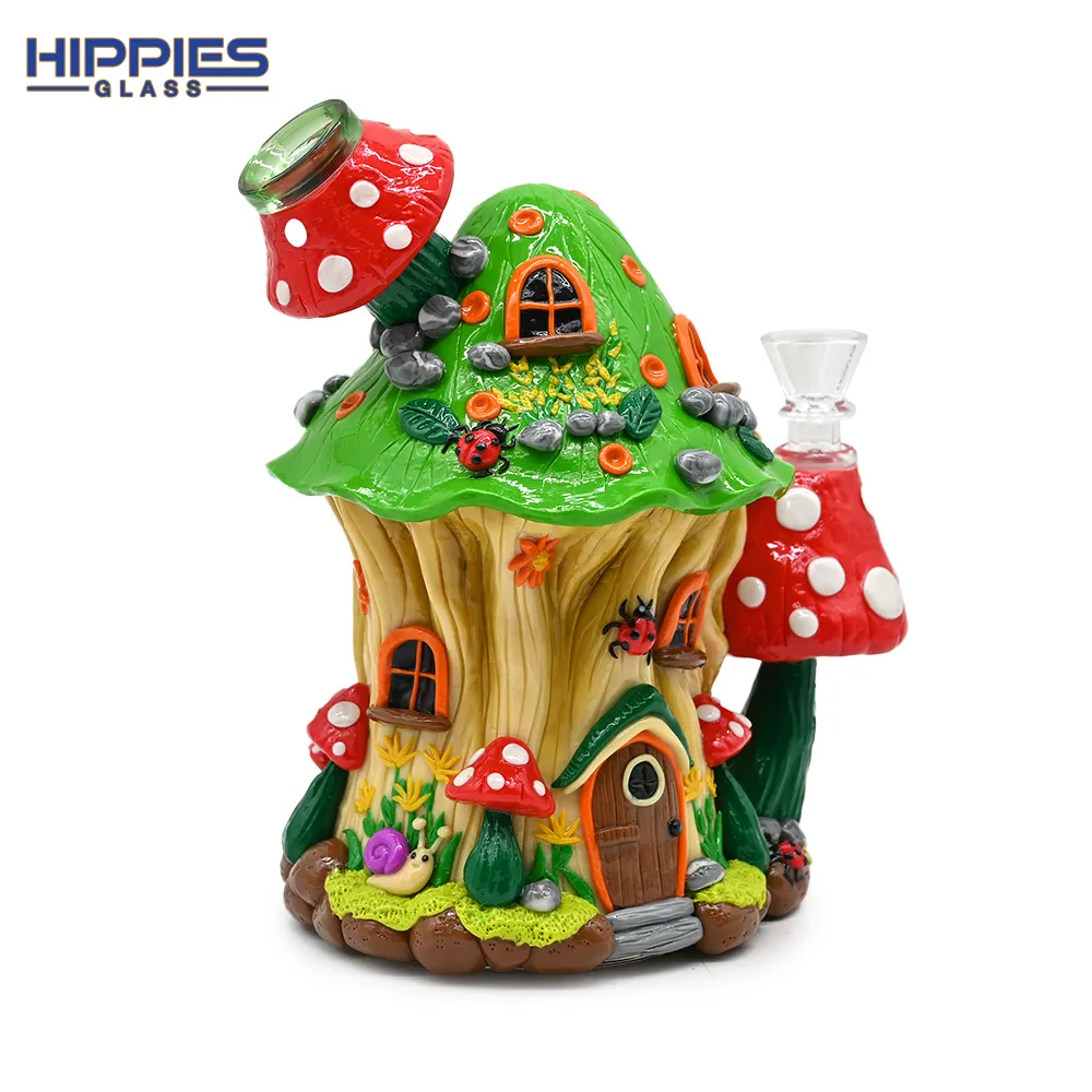 7.4in,Glass Bongs With Cute Mushrooms House,Borosilicate Glass Water Pipe,Glass Hookah,Polymer Clay Cute Cartoon Snail & Seven Starred Ladybird Glass Smoking Item