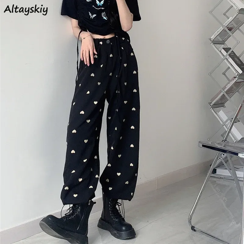 Capris Casual Pantolon Kadın Loveprinted Baggy Sıcak S4XL Wideleg Tatlı Kızlar Sokak Giyim Şık Pantolon Buttonfly Allmatch Empire Kadın