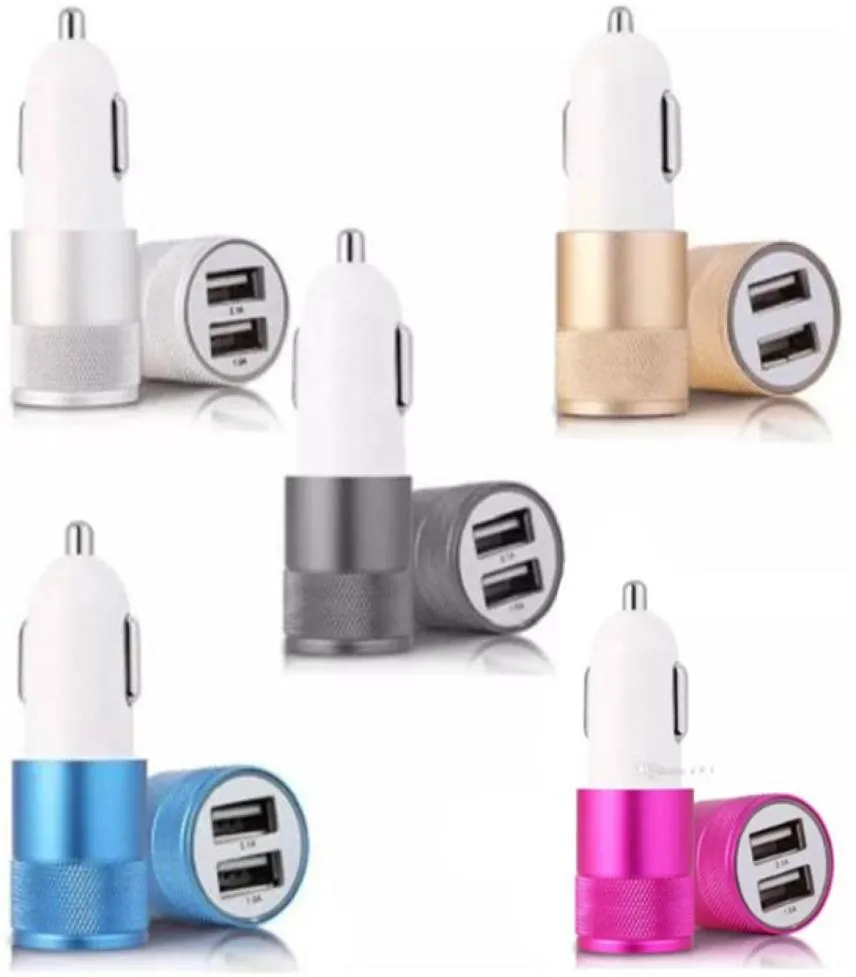 Nyaste bärbar billaddare Metal Dual 2Port USB Adapter Universal 12 Volt 1 2 amp för iPhone Samsung -mobiltelefoner Olika stilar3621437