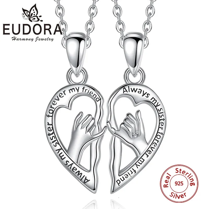 Eudora 925 Sterling Silver Hand Friends Pendants BFF Necklace For 2 Pcs Set Friendship Jewelry Gifts Sisters Friend 240227