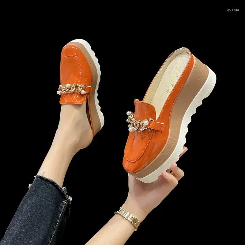 Pantoufles Maogu Femmes Été Diapositives Femmes Chaussures Orange Blanc Chaîne Mules Conception Tongs Plate-Forme Talons Compensés 42