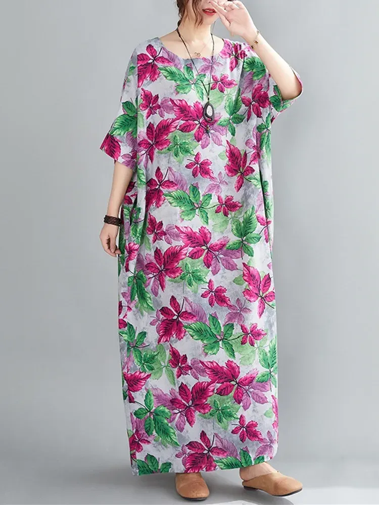 Kleid Kurzarm, übergroße Baumwolle, Vintage-Blumenkleider für Damen, lässig, locker, Maxi, langes Sommerkleid, elegante Kleidung 2022