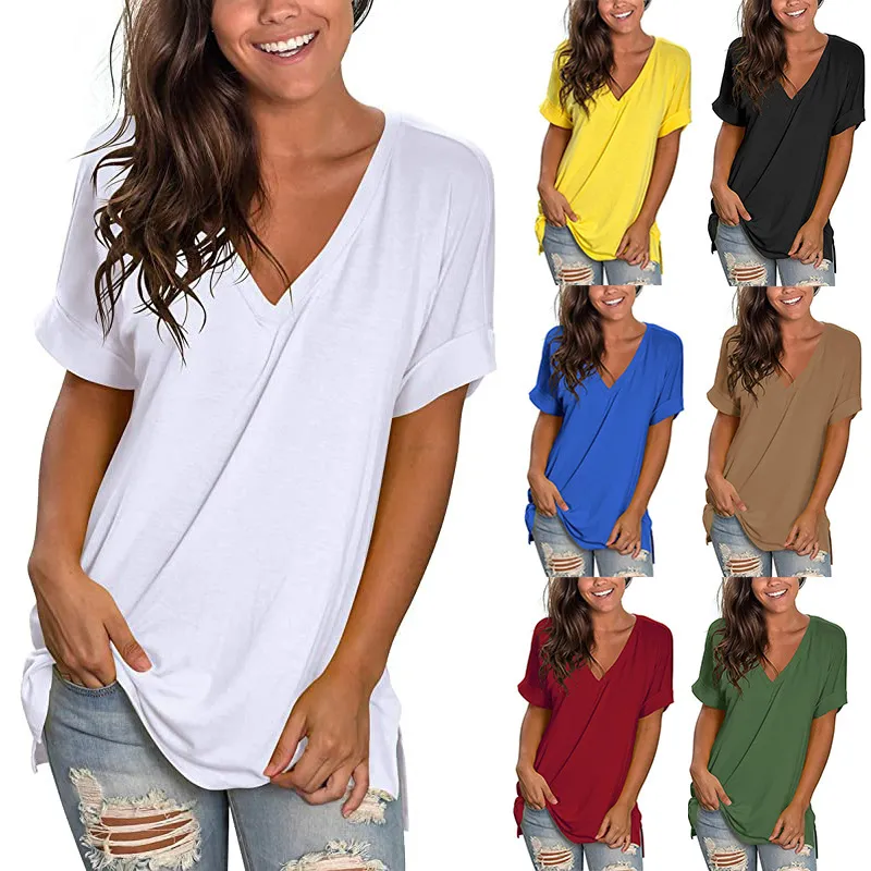 Summer hot selling V-neck solid color split short sleeved loose fitting T-shirt on both sides