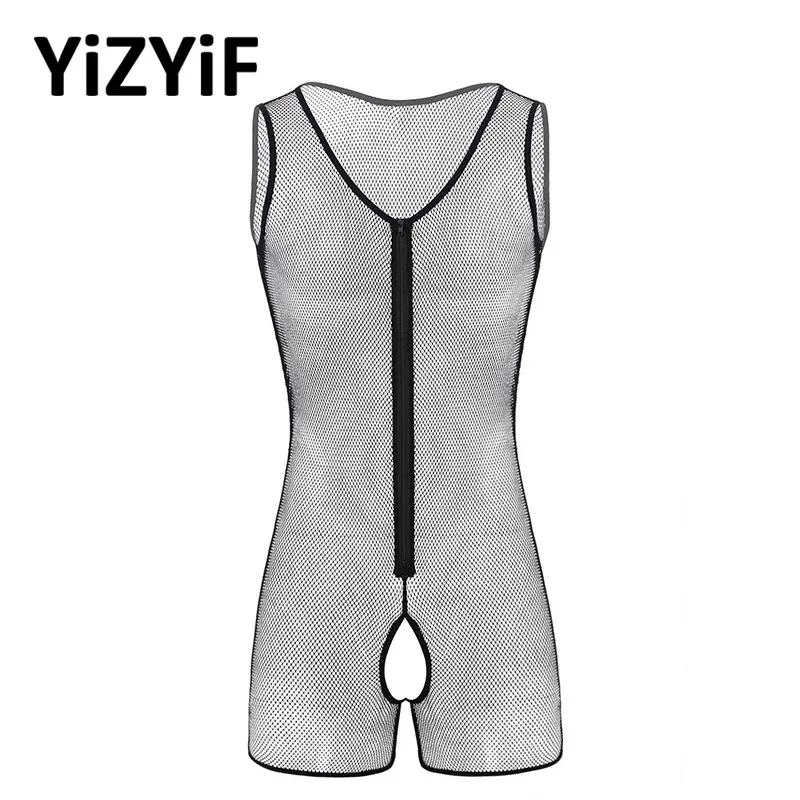 Swimwear Sexy Mens Onepiece Swimsuits See Through Sheer Fishnet Lingerie Uneck Crotchless Front Zipper Tank Leotard Bodysuit Jumpsuit