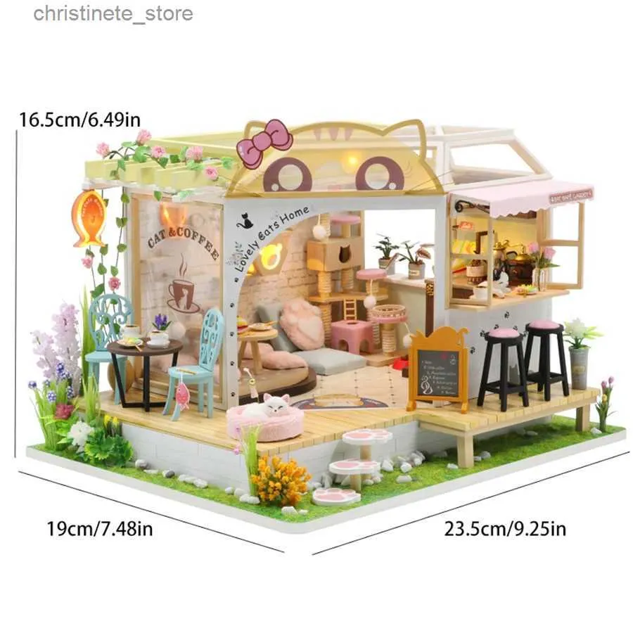 Architectuur/DIY Huis Poppenhuis Kat Cafe Mini DIY Kleine bouwpakket Kamer maken Speelgoed Thuis Slaapkamer Decoratie met meubilair Houten Cr