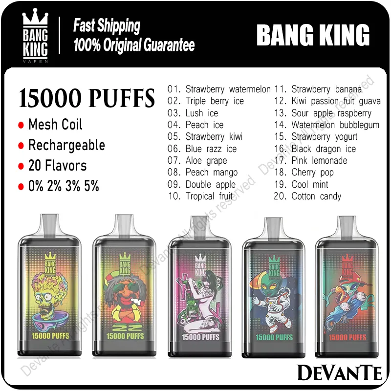 Bang King 15000 Puffs Vapes monouso Puff 15K Mesh Coil Sigarette elettroniche ricaricabili Vaper 0% 2% 3% 5% 20 gusti vs 12K 12000 9K 9000