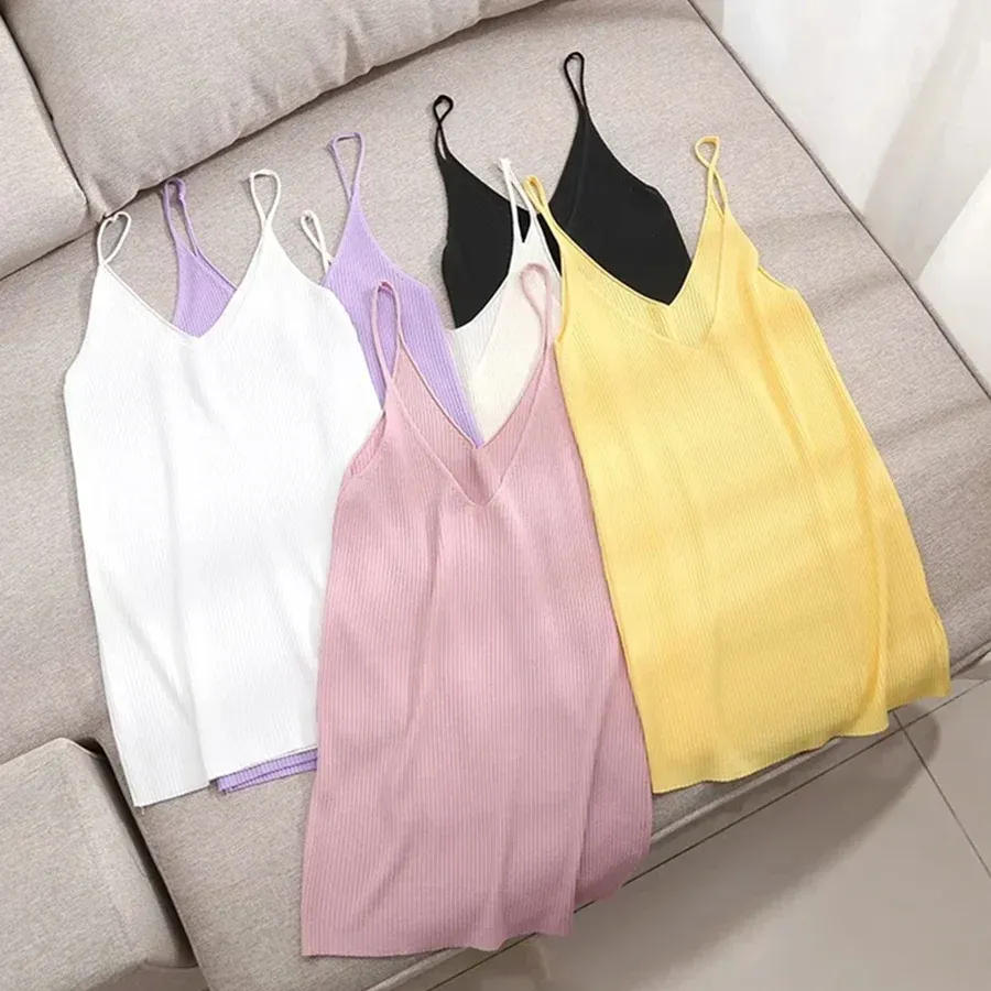 Camis Withered Multticolor Colorful Basic Elastic Camisole Summer Spaghetti Knitted T Shirt Women Camisetas Verano Mujer 2022 Tops