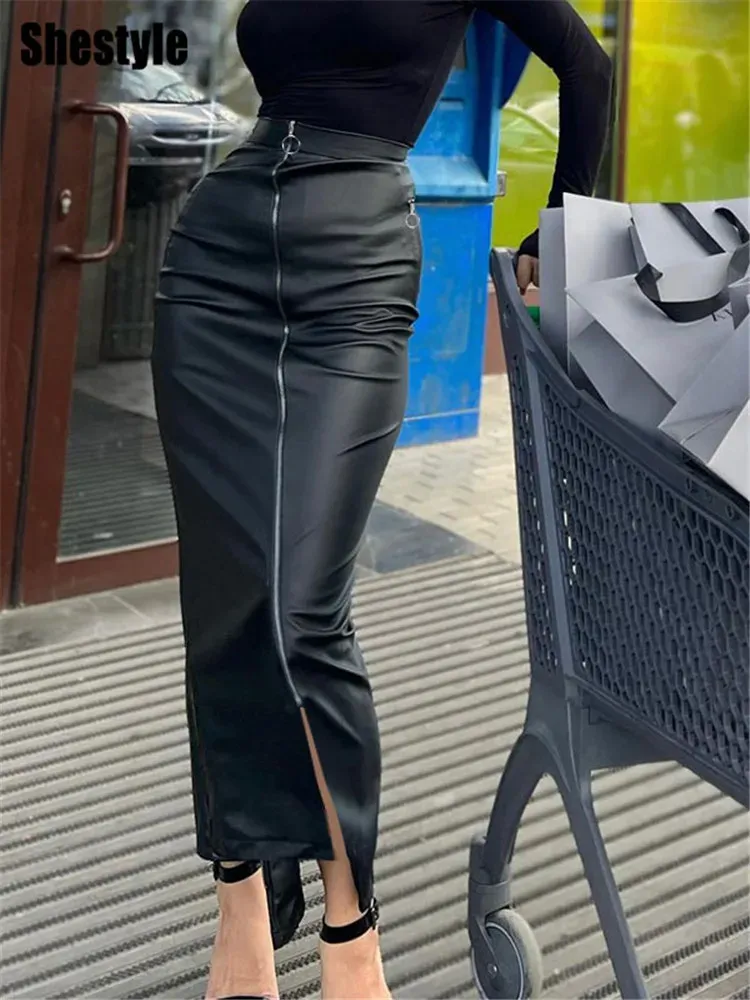 Jupe Shestyle fermeture éclair fendue jupe crayon Wome gaine taille haute en cuir PU longue bague Sexy noir bas bureau dame vêtements d'extérieur vente chaude