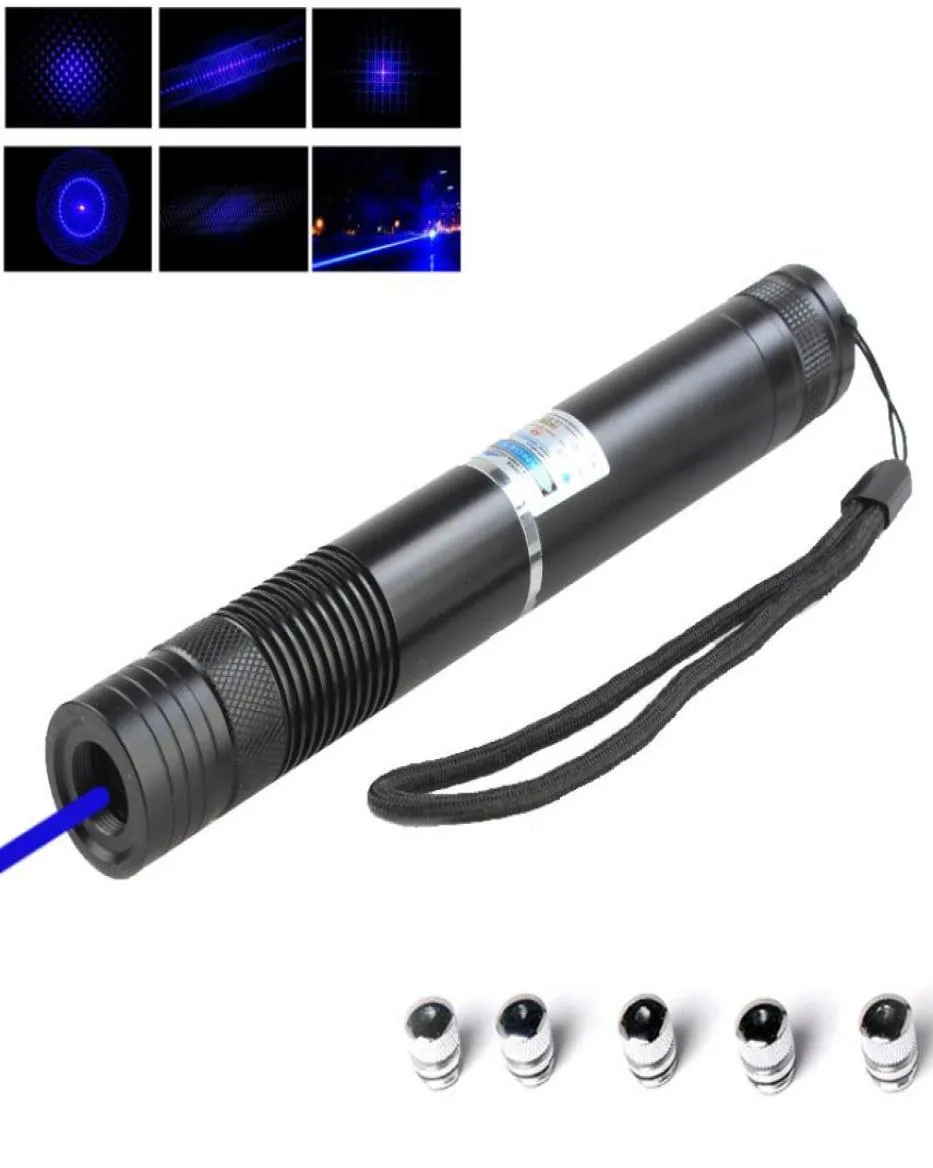 Zoomable 450Nm 2000MW Blue Laser Pointers Burn Match Cigaretten upplyst med 5 Star Caps2PCX16340 Batterycharger7169575