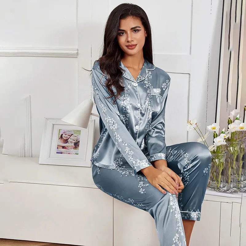 Spring and autumn pajamas womens silk satin pajama set long sleeved shirt with Trouser pajamas casual wear womens pajama set 240306