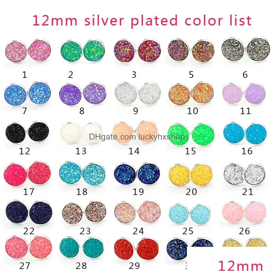 stud 12mm round Druzy Stone Stud أقراط 30 لون راتنج الذهب Sier Sier الفولاذ المقاوم للصدأ دبوس الأذن Hypoallergenic للنساء المجوهرات الأزياء I dhlzc