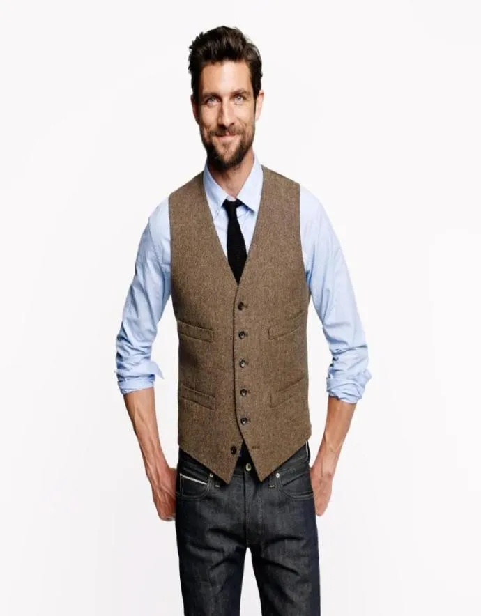 mode Bruine tweed Vesten Wol Visgraat Britse stijl op maat gemaakt Herenpak op maat slim fit Blazer trouwkostuums voor mannen P31876315
