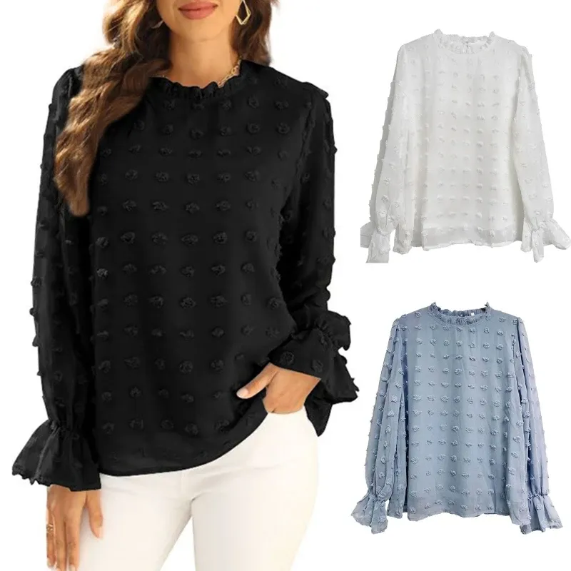 Bluskvinnor Puff Long Sleeve Chiffon T Shirts Ruffled Mock Neck Swiss Dot Jacquard Blus Solid Color Casual Loose Keyhole Back Tops