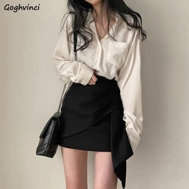 Suits Women Sets Long Sleeve Solid Shirts Irregular Mini Skirts Females Two Piece OL Slim Sexy Korean Style Chic Stylish Slender