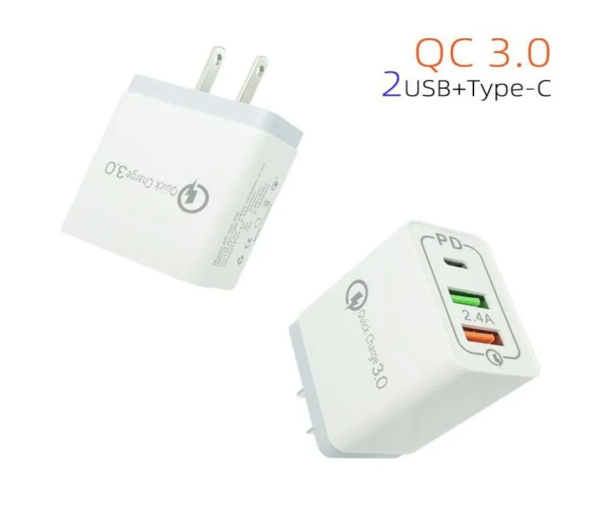 Carregador rápido QC30 24A TypeC 3 USB Carregamento UE EUA Adaptador de tomada de parede para celular para Samsung Xiaomi Huawei2311379