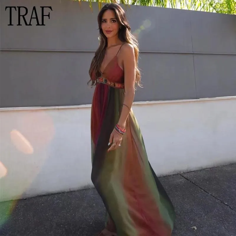 Casual Jurken TRAF Gestreepte Slip Maxi-jurk Vrouw Geplooid Lang Voor Vrouwen Sexy Backless Party Strass Chiffon Vrouwelijk