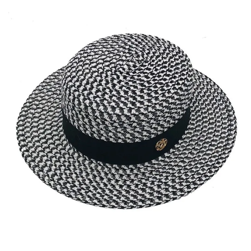 Sombrero de verano de alta calidad a cuadros blanco y negro con ala ancha y parte superior plana, sombrero Boater para primavera para mujer, sombrero trenzado de hierba para el sol, sombrero Formal para fiesta y boda, 340P