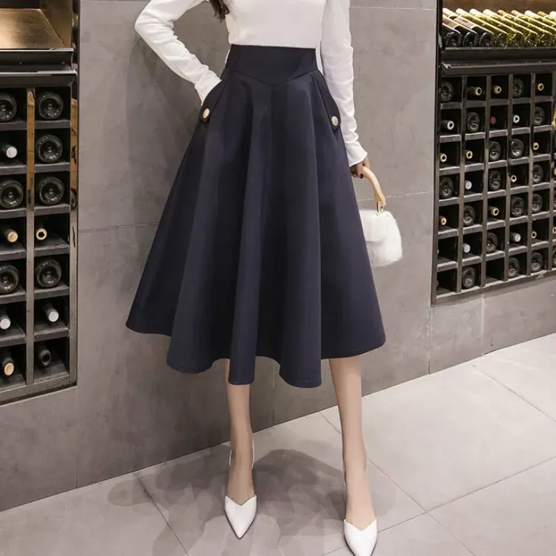 Dresses 2023 New Elegant High Waist Midi Skirt Women Spring Autumn Ball Gown Long Skirts Vintage Dark Blue Ladies Unbrella Skirt