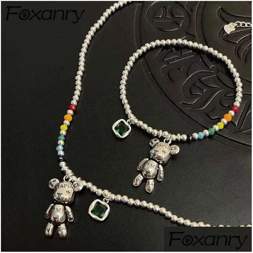 Ensembles de bijoux de mariage Foxanry Stamp Collier Bracelet Tendance Simple Chaîne de perles Design Bear Zircon Pendentif Party 230608 Drop Delive Dhdu3