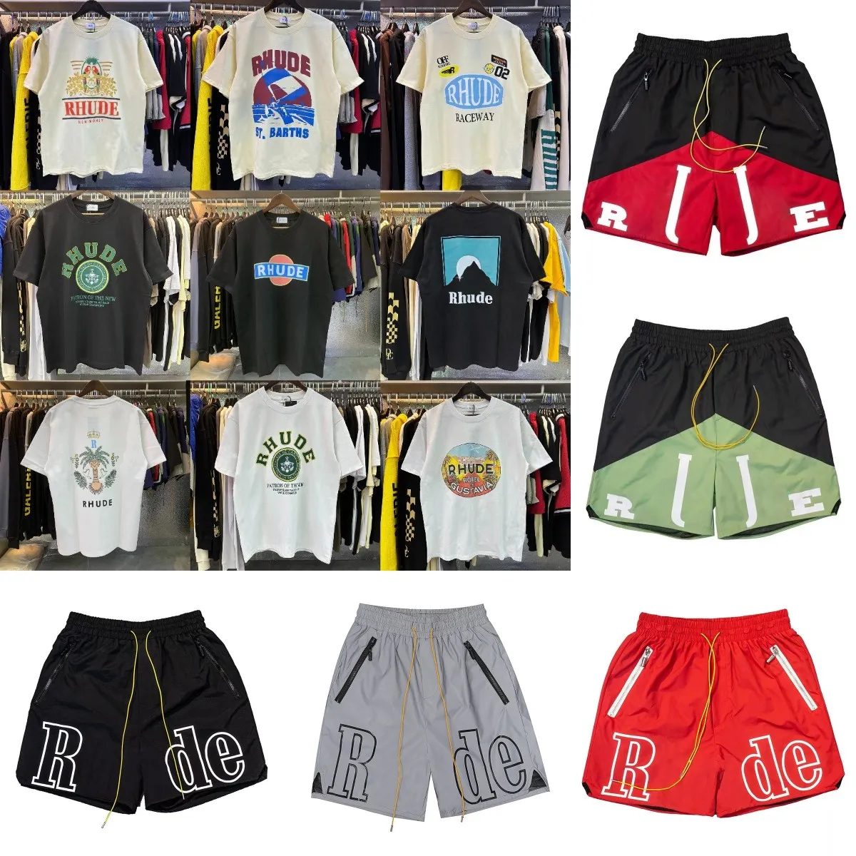 メンズTシャツデザイナーRhude Shirt Summer Fashion Shorteve Tees Tees Europe America Men Men Raund Neck Tshirts Cotten Printing Shorts USサイズS-XL