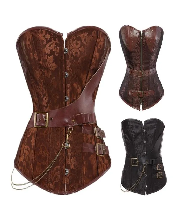 Kvinnor vintage steampunk gothic jacquard överbust korsett topp med kedjor och pu läderbälten accent s6xl plus size brun svart8960580