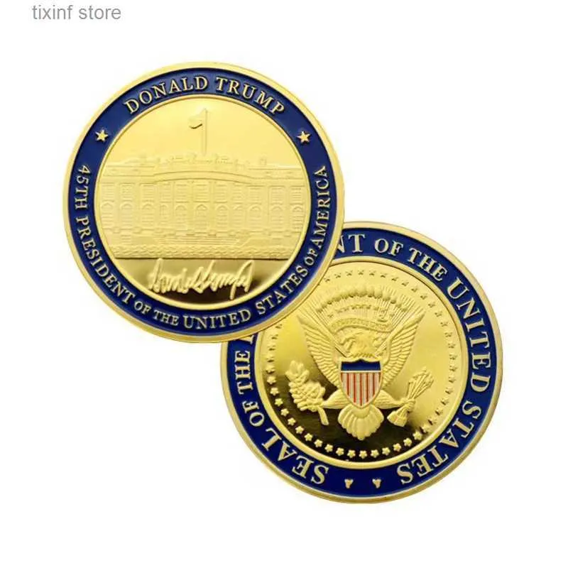Arts and Crafts Gold Coin White House Trump Painted Colorful Gold Plated Commemorative Coin Digital Virtual Coin Collection Gift T240306