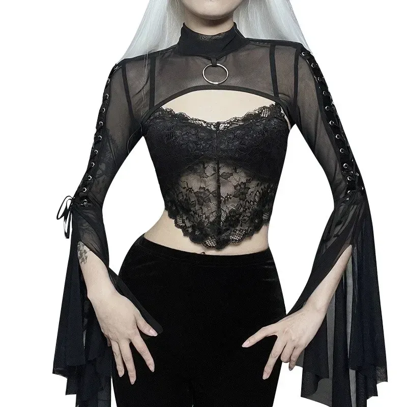 Chemise haussements d'épaules manches longues cloche boléro col chemise maille pure culture hauts femmes voir à travers Sexy couvrir été Punk sans Tube noir