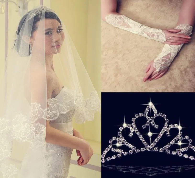 Vente 2014 3 pièces dentelle appliqué voiles de mariage peigne avec couronne demi gants 8420183