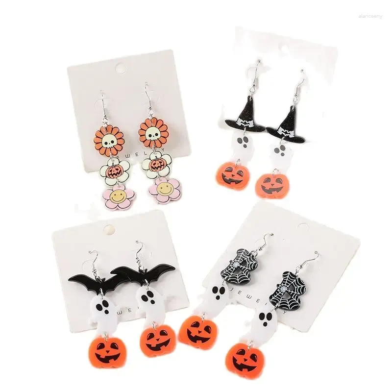 Baumelnde Ohrringe 1 Paar gruselige Halloween-Tropfenohrringe Acryl-Blumen-Schädel-Boo-Kürbis-Fledermaus für Frau Mädchen Urlaub Geburtstagsgeschenk