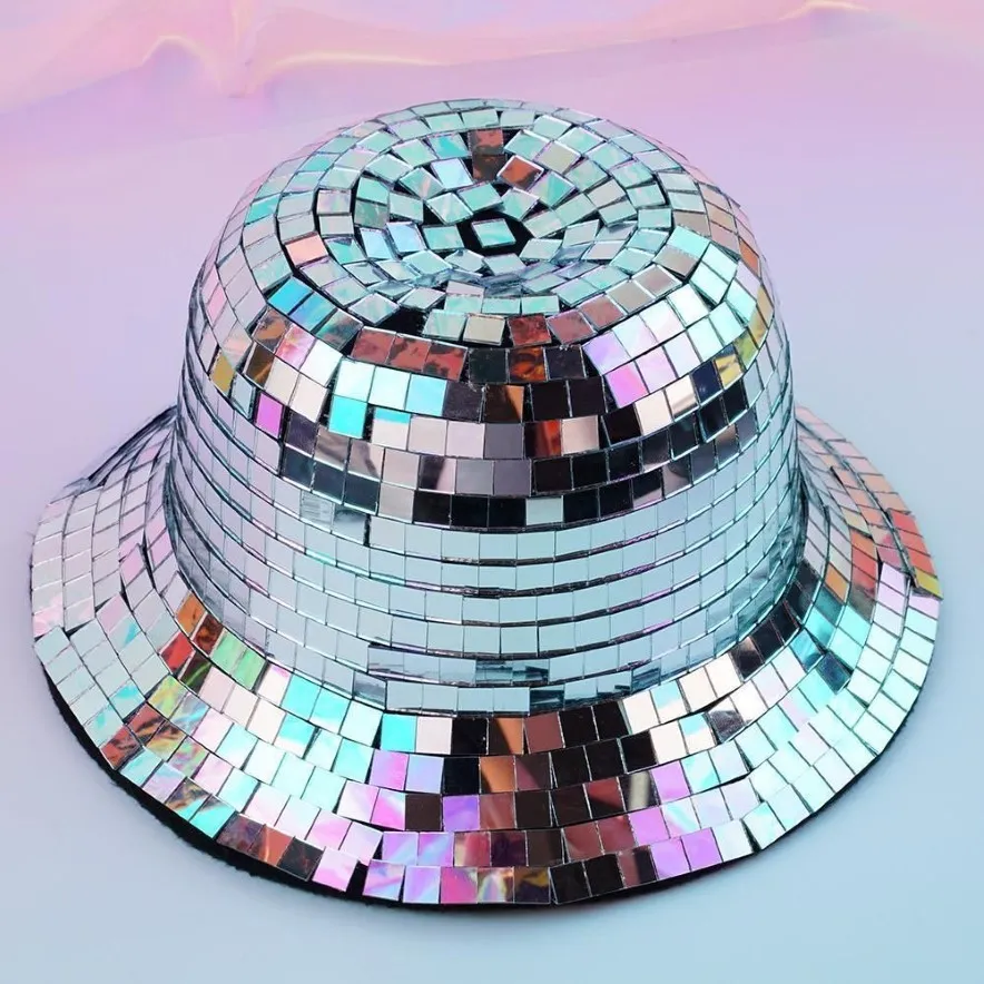 Breda Brim Hats Bucket Glitter Mirror Disco Full Sequin Ball för DJ Club Bar Unisex Festival Visor Beach Fisherman 221027282O