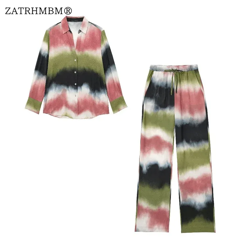 Pakken ZATRHMBM 2023 Damesmode TieDye Print Blouse en Trekkoord Hoge Taille Broek Set Chique Jeugd Vakantie Mode Pak