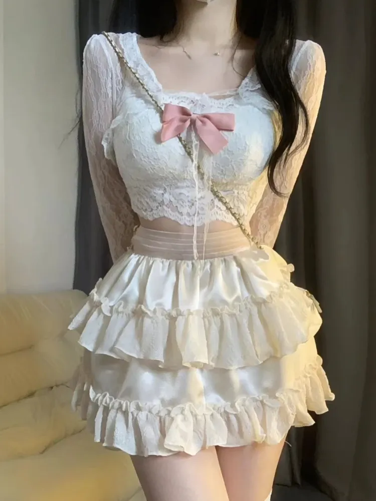 Sukienki japońska lolita kawaii 3 -częściowy zestaw kobiet koronkowe słodkie ciasto imprezowe spódniczka Kombineza Kobieta elegancka spódniczka w talii garnitur letnie 2023