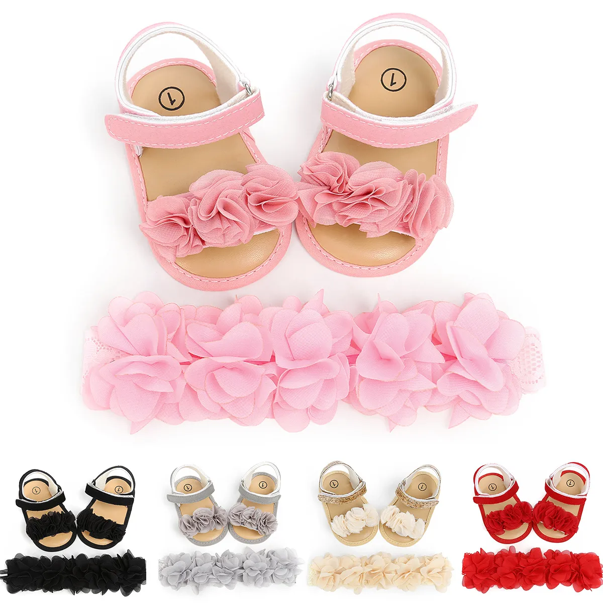 2PCS/Set Sandały dla niemowląt i opaska na głowę Mały kwiat Miękki podeszwy Buty dziecięce buty księżniczki Małe sandały Sandały Księżniczki