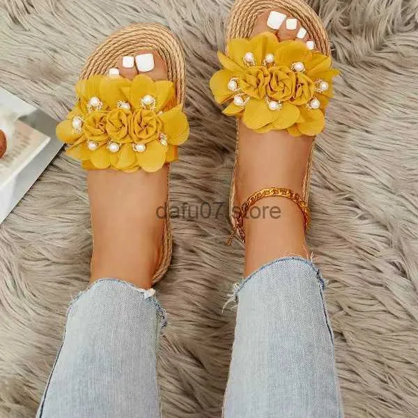 Slippers Outdoor new straight line womens hemp rope bottom beaded flower fashion casual ladies wearing flat bottomed flip flopsH240306