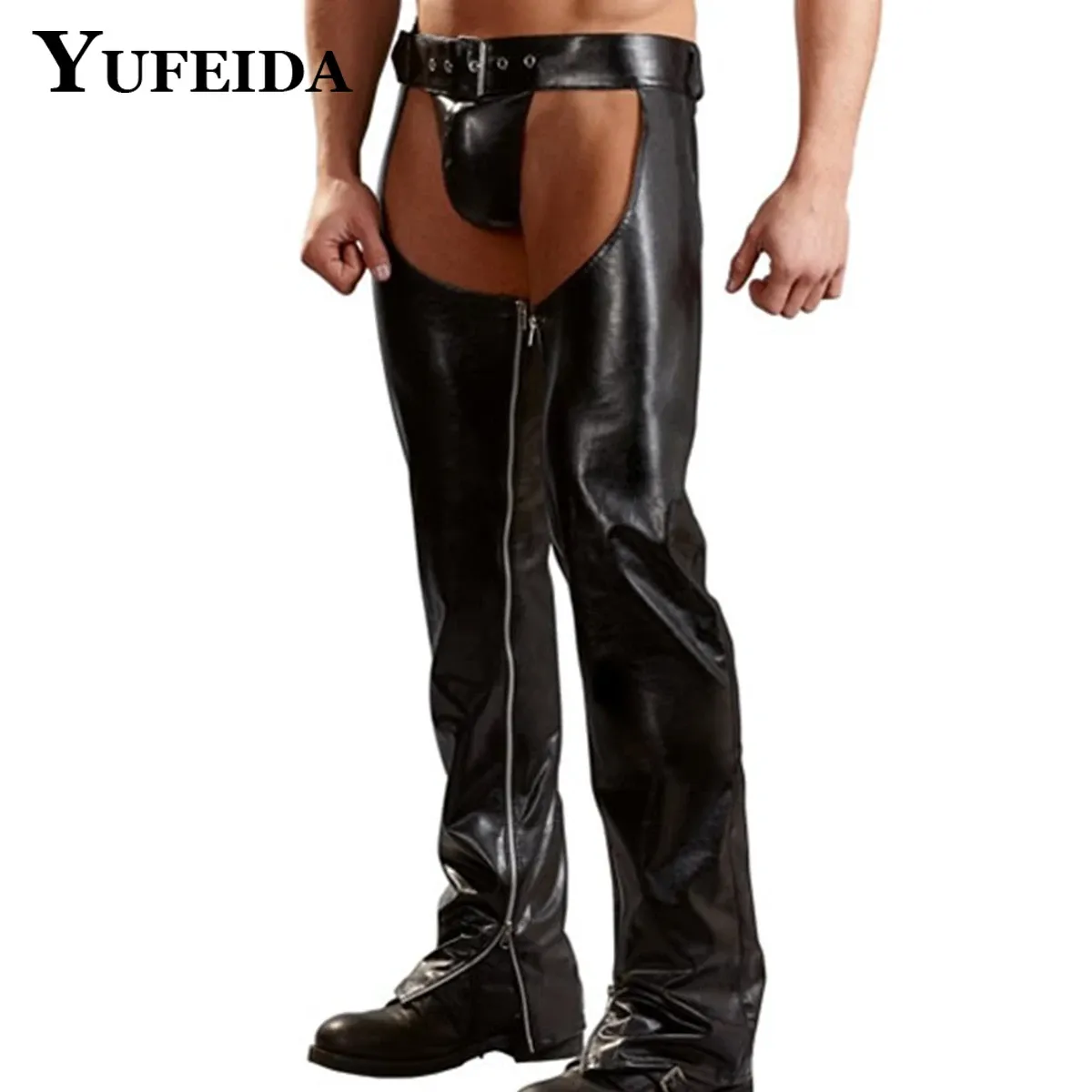 ズボンYufeida Men Sexy Leatherフェチクロットレスパンツナイトクラブステージコスプレコスチュームクラブバックレスポールダンスエキゾチックレザーパンツ