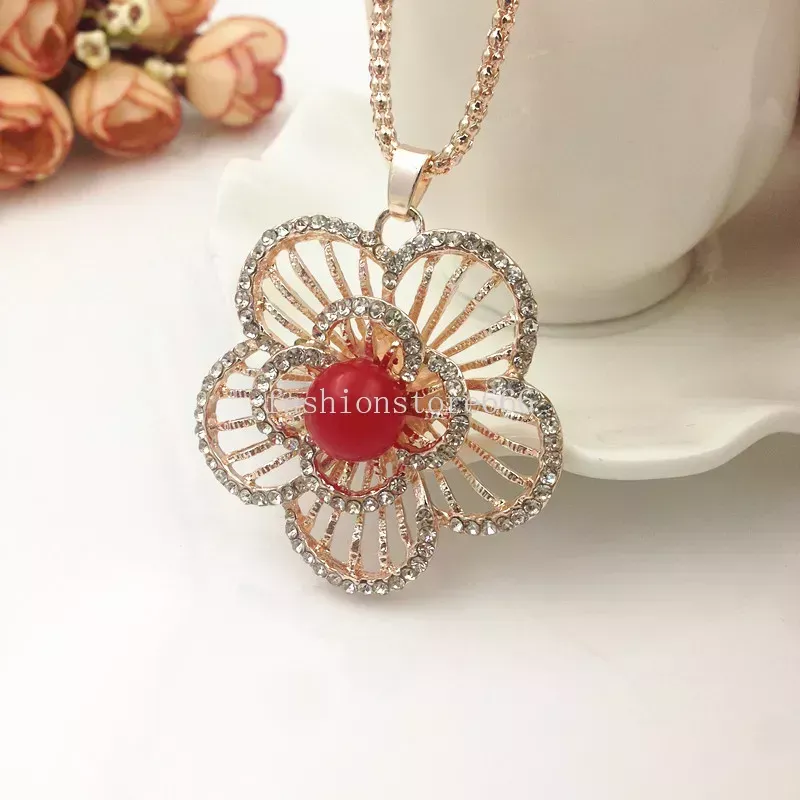 Kobiety łańcuch swetra Naszyjniki Wisianty Nowy biżuteria Rose Flower Cross Cat Eye Kamień Kamień Austriacki Kryształowy Moda Rhinestone Naszyjnik