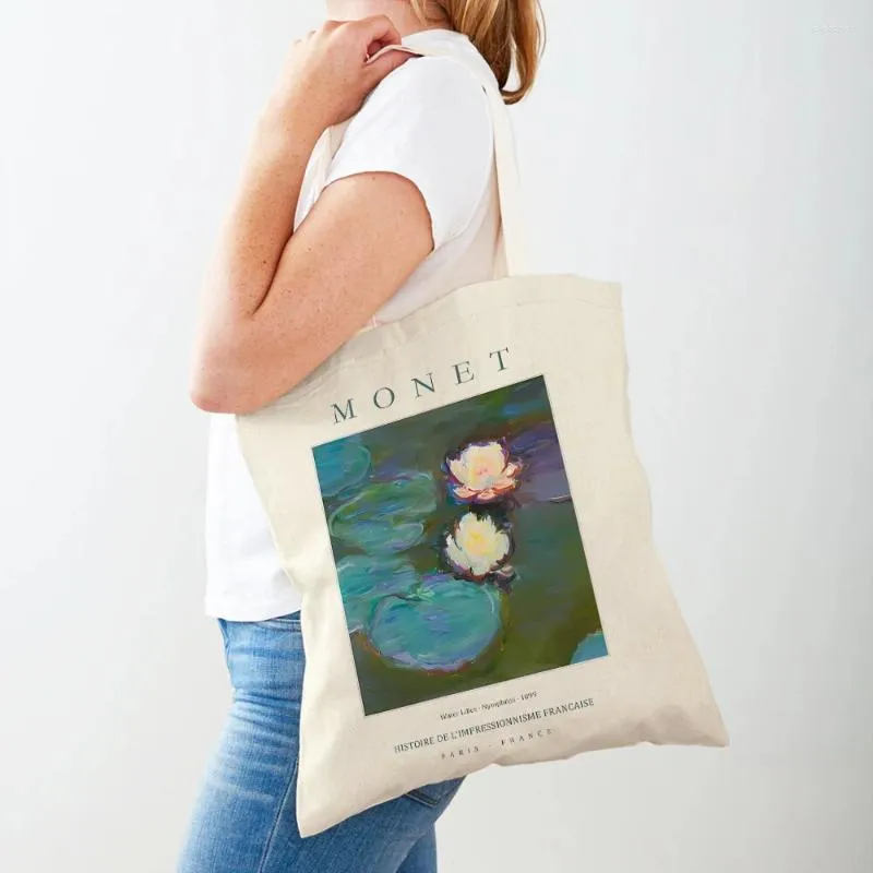 Shoppingväskor claude monet vatten liljor trädgård iris lady väska båda sidor geometriska kvinnor shoppare casual tote handväska