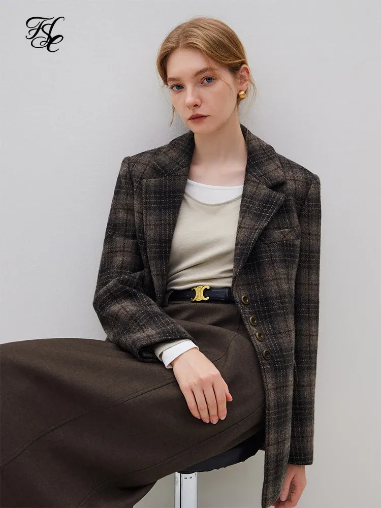 Blazers FSLE Vintage Brown Coffee Color Plaid Retro Blazer Coats For ...