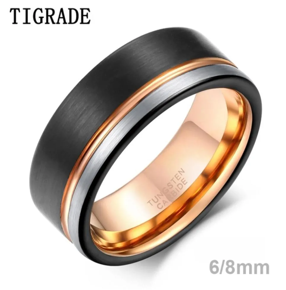 TIGRADE Anello da uomo Anello in tungsteno Nero Linea oro rosa spazzolato 68mm Fede nuziale Anello di fidanzamento Men039s Party Trendy Bague Homme2862046