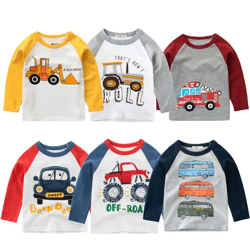 Çocuk Boys Tshirts Bebek Uzun Kollu Ekskavatör Üstleri Çocuk Bahar Pamuk Giyim 568 Yıl Çocuk Toddler T Shirt Otobüs Araba 240220
