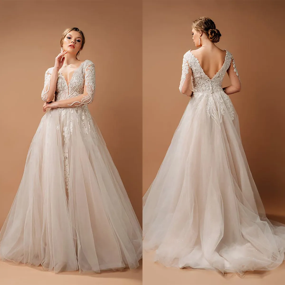 Classic A Line Women Wedding Dress V Neck Long Sleeves Bridal Gowns Lace Appliques Sweep Train Dress Custom Made vestidos de novia