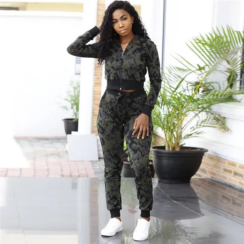 Suits Camouflage Two Piece Set Tracksuit Women Autumn Casual Camo Print Short Jacket Top and Pants Jogging Suit Outfits