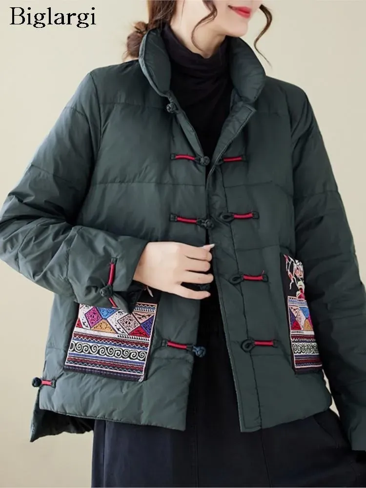 Parkas oversized inverno casaco de algodão feminino estilo étnico impressão bordado modis solto senhoras jaquetas manga longa mulher jaquetas casacos 2023