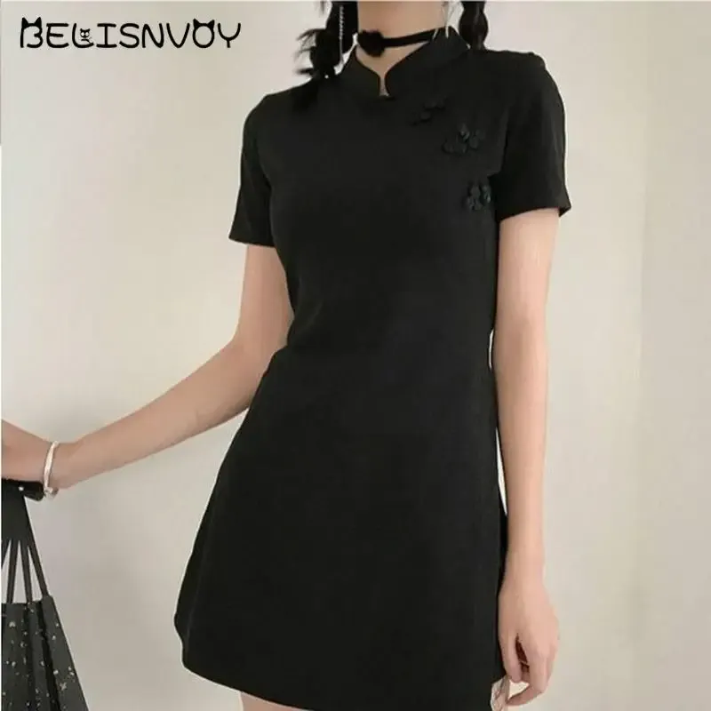 Klänning kinesisk stil svart cheongsam klänning kvinnor sommar 2021 qipao vintage sexig bodycon kort ärm mini plus size klänningar kvinnor